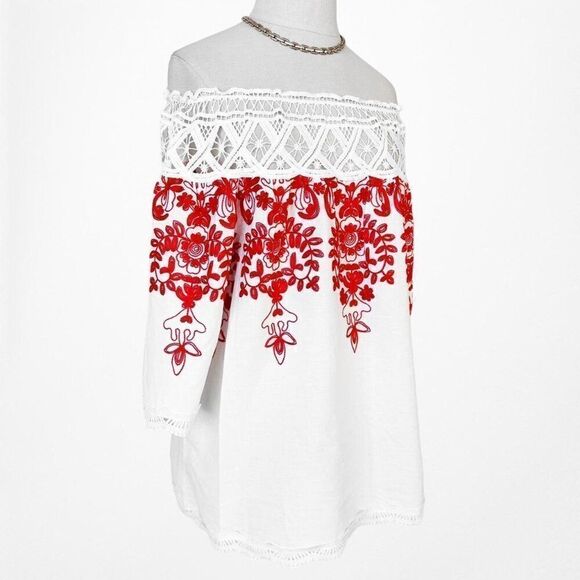 White Off The Shoulder Floral Lace Babydoll Style Cutout Blouse Top Dress Size M - Picture 4 of 6